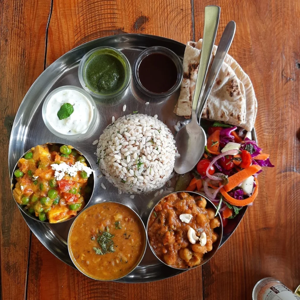 A nutritious vegetarian meal served in a traditional style