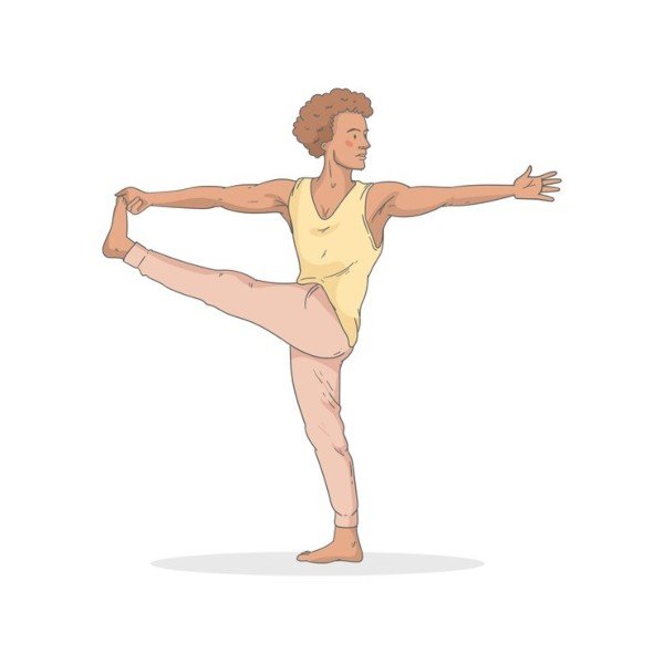 Illustration of a person performing Utthita Hasta Padangusthasana (Extended Hand-to-Big-Toe Pose) yoga