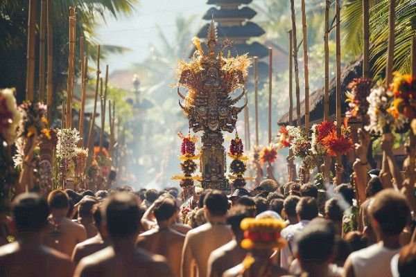 Traditional Balinese religious procession with devotees